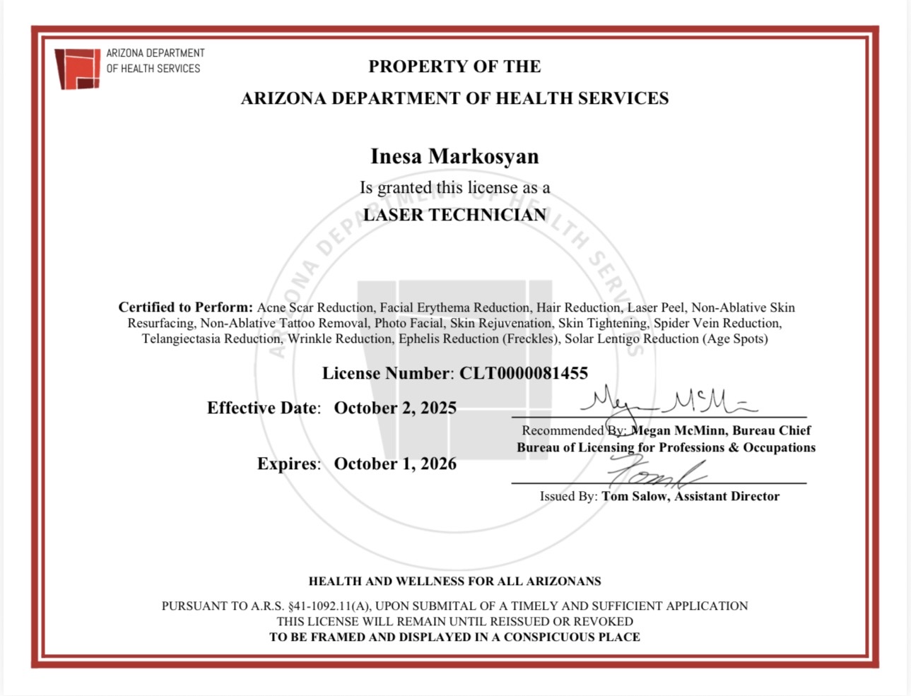 Arizona Department of Health License