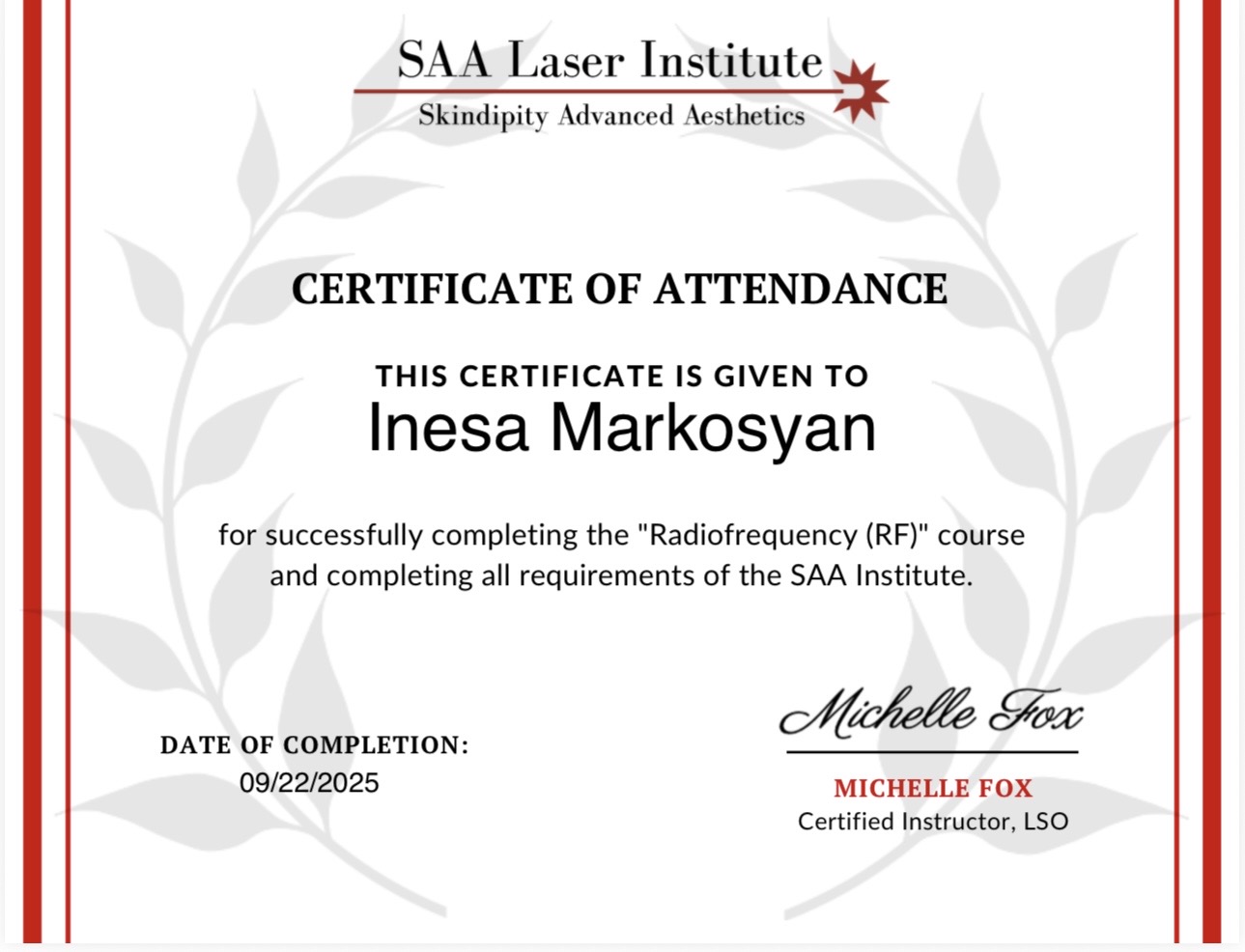 SAA Laser Institute Certificate